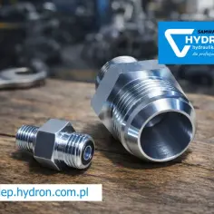Dwa metalowe nypelki hydrauliczne Hydron na drewnianym blacie. Jeden mniejszy, drugi większy, gotowe do montażu.