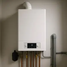 Nowoczesny piec gazowy 25 kW, idealny do ogrzania domu o powierzchni do 250 m². Zamontowany na ścianie, z widocznymi przyłączami.