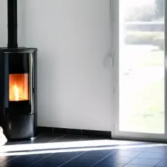 Nowoczesny piec na pellet z płonącym ogniem. Czy piec na pellet można wyłączać na noc? Obok worek z pelletem.