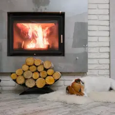 Pies śpi przy kominku z płaszczem wodnym. Warto rozważyć takie rozwiązanie dla oszczędności i przytulnej atmosfery.