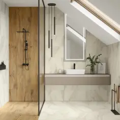 Nowoczesna, ponadczasowa łazienka z prysznicem walk-in i drewnianą ścianą, umywalką nablatową i podświetlanym lustrem.