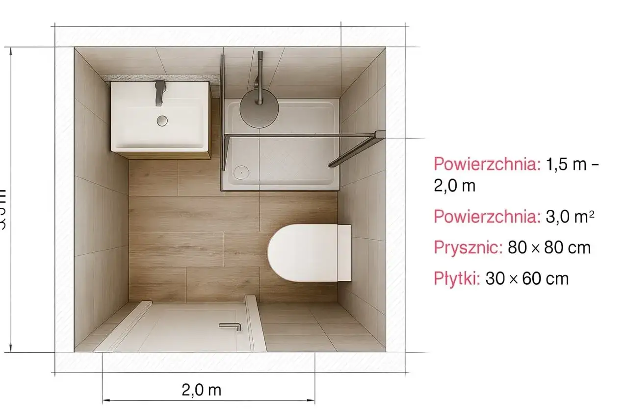 Jak zaprojektować łazienkę: wizualizacja małej łazienki z prysznicem, umywalką i toaletą. Wymiary 2,0 x 3,0 m.