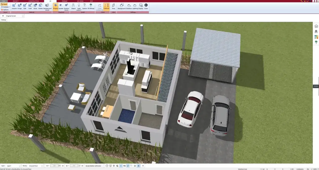 Wizualizacja projektu łazienki online. Widok 3D domu z garażem, dwoma samochodami i tarasem.