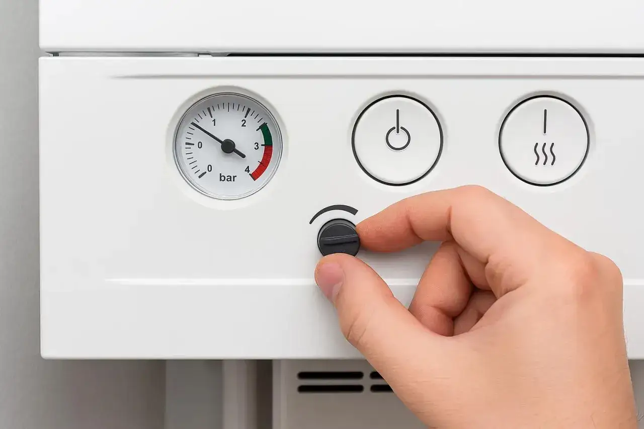 Dłoń kręci pokrętłem termostatu. Ciśnienie w piecu jest niskie, co może być przyczyną, że piec nie podaje ciepła na grzejniki.