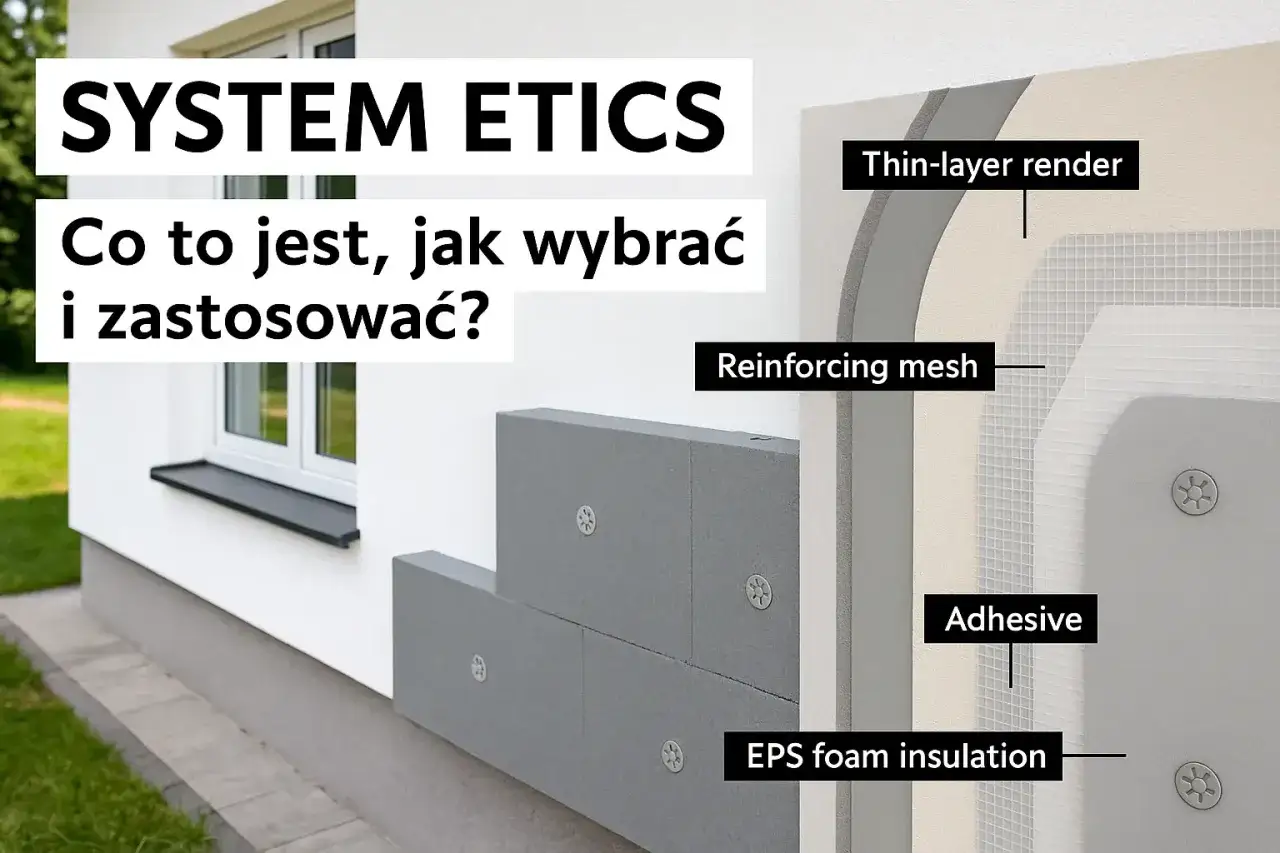 System ETICS: warstwy izolacji styropianowej, siatki zbrojącej i tynku na elewacji.