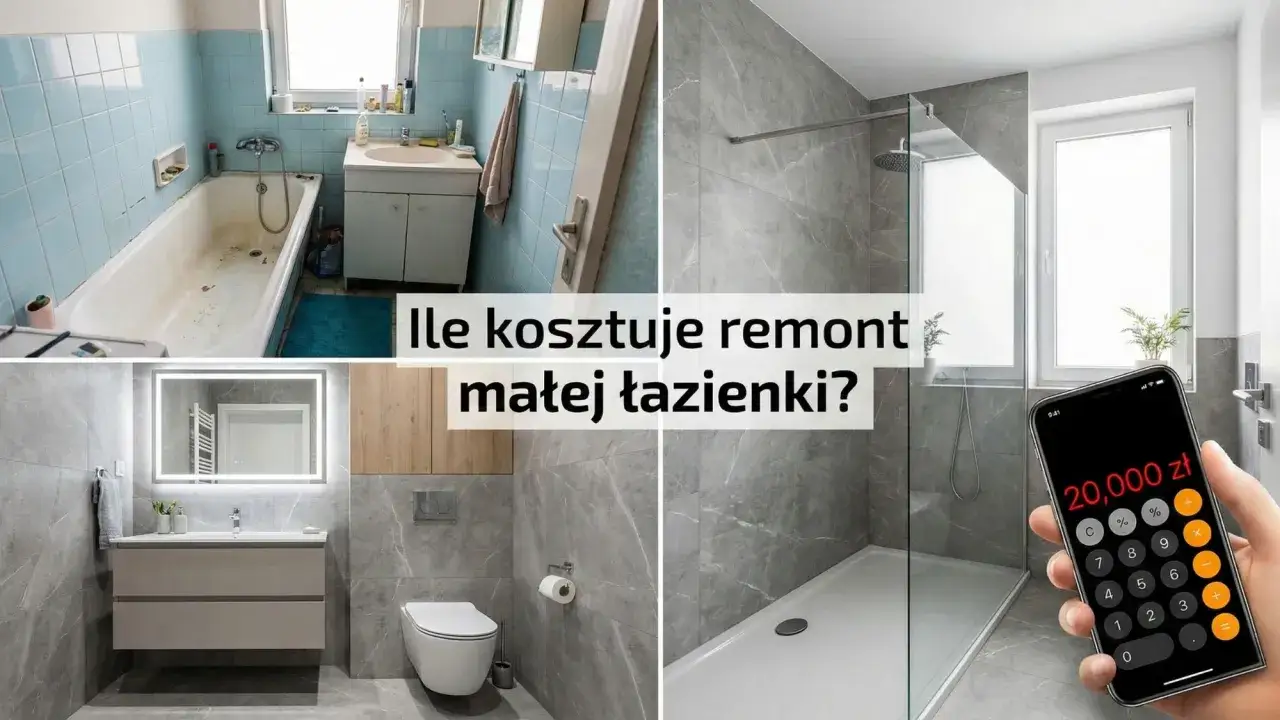 Przed i po metamorfozie łazienki. Na ekranie telefonu widoczna kwota 20 000 zł, sugerująca remont łazienki koszt.