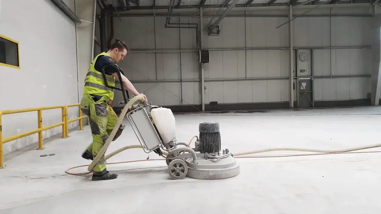 Pracownik w kamizelce odblaskowej wykonuje szlifowanie posadzki betonowej za pomocą maszyny.
