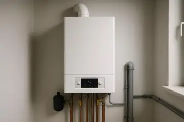 Nowoczesny piec gazowy 25 kW, idealny do ogrzania domu o powierzchni do 250 m². Zamontowany na ścianie, z widocznymi przyłączami.