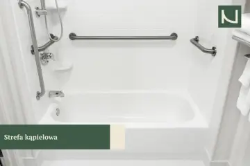 Łazienka z wanną i uchwytami ułatwiającymi korzystanie. Prysznic dla niepełnosprawnych wymiary są kluczowe dla bezpieczeństwa.