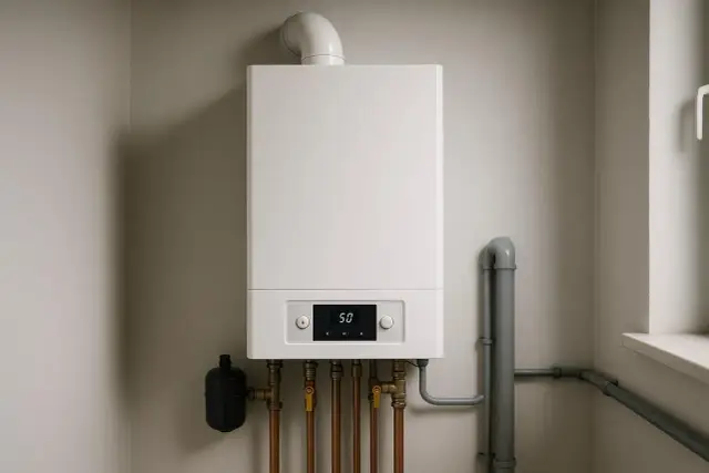 Nowoczesny piec gazowy 25 kW, idealny do ogrzania domu o powierzchni do 250 m². Zamontowany na ścianie, z widocznymi przyłączami.