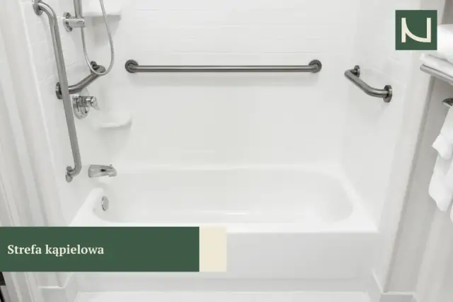 Łazienka z wanną i uchwytami ułatwiającymi korzystanie. Prysznic dla niepełnosprawnych wymiary są kluczowe dla bezpieczeństwa.